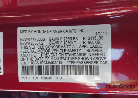 2018 Honda Accord Touring z USA, uszkodzony, nr VIN 1HGCV1F94JA033915